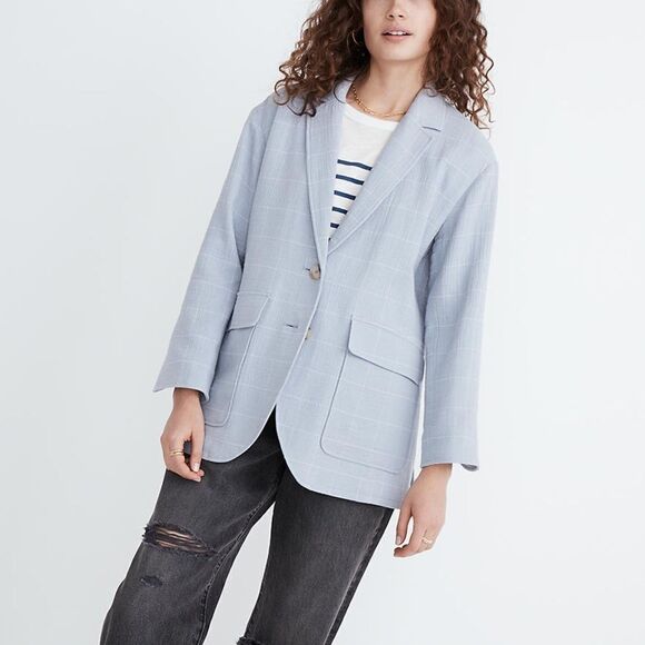 NWT Madewell Relaxed Larsen Cotton & Linen Light Blue Windowpane Blazer Jacket - Picture 1 of 11
